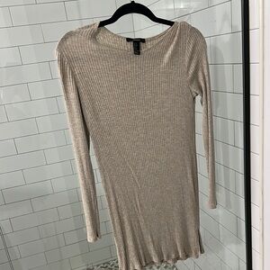 Ribbed Long-Sleeve Bodycon Dress - Beige